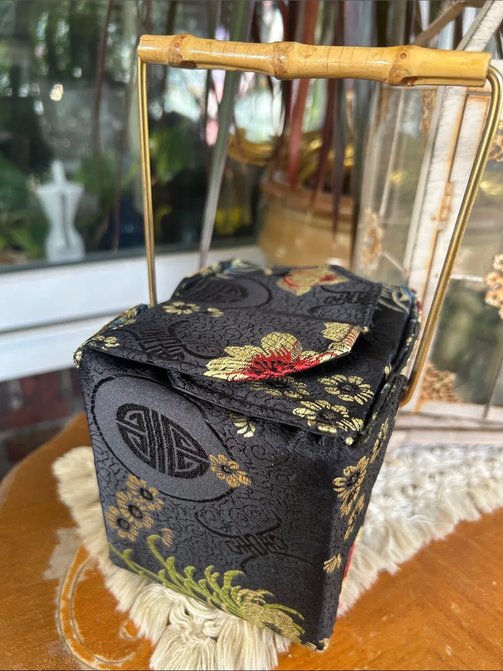 Vintage Chinese Takeout Bag w Bamboo & Brass Handle